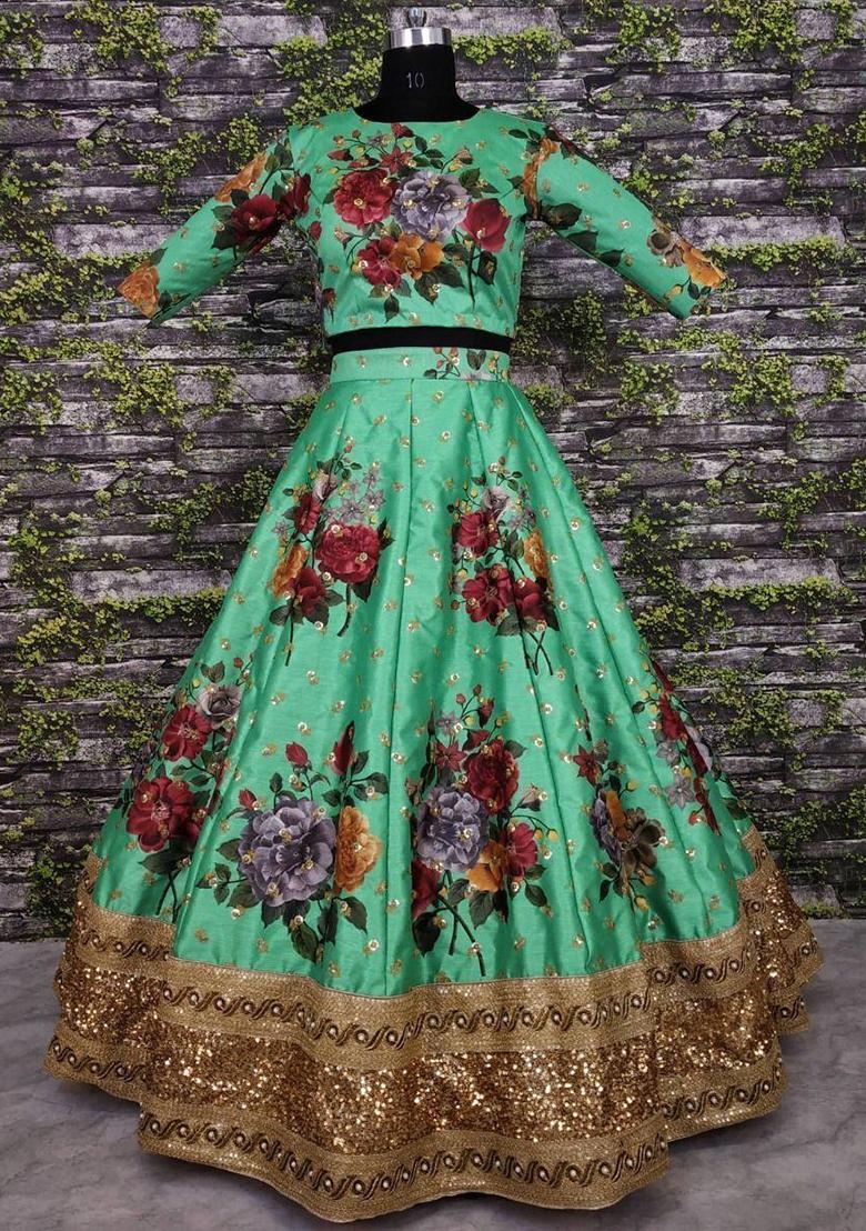 Green Embroidered Silk Lehenga Set - Indya