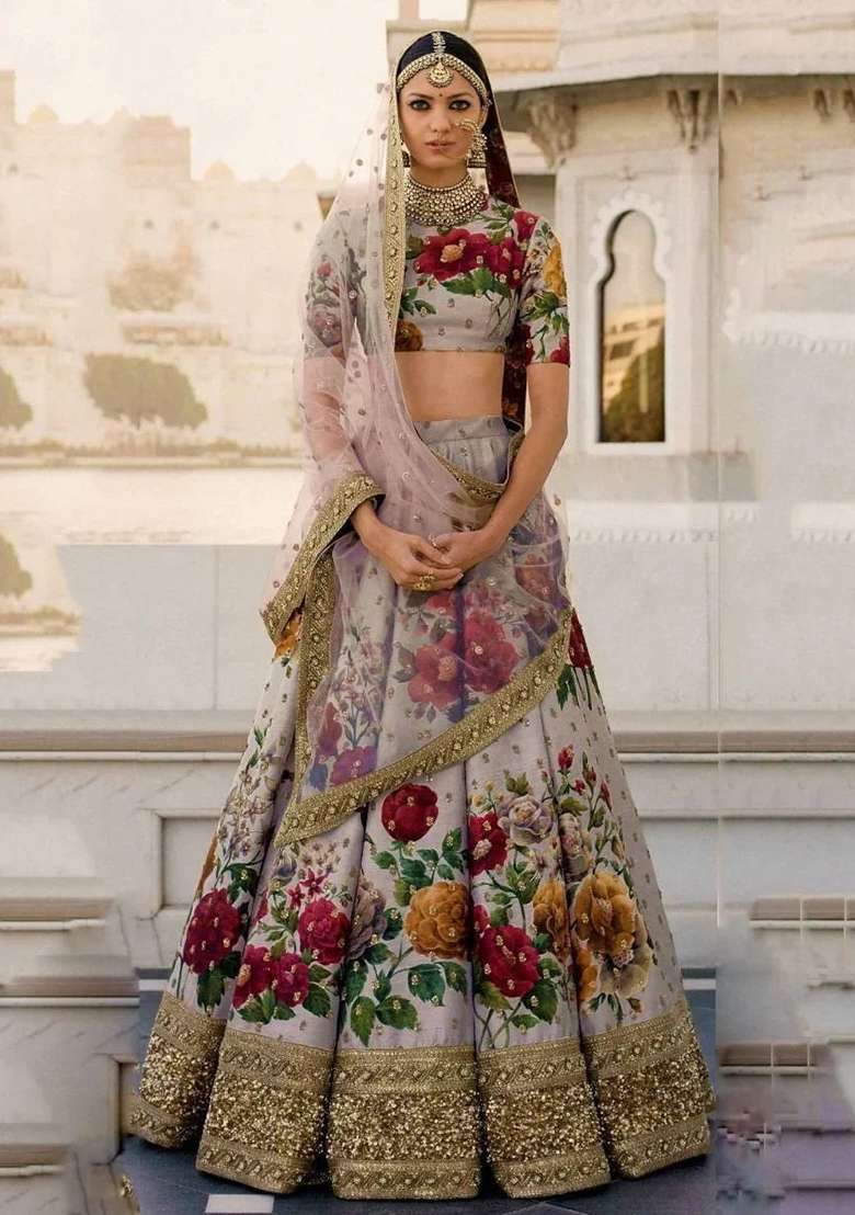 Grey Silk Blend Lehenga Set with Embroidered for Diwali | Wedding & Festive Wear - Indya