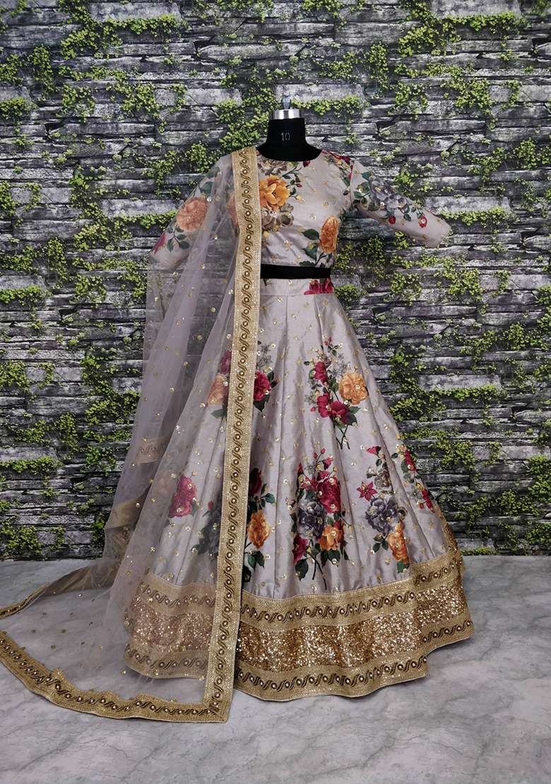 Grey Silk Blend Lehenga Set with Embroidered for Diwali | Wedding & Festive Wear - Indya