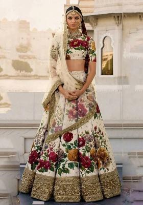 Cream Embroidered Silk Lehenga Set