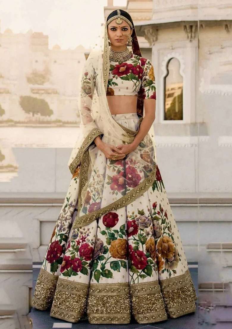 Cream Silk Blend Lehenga Set with Embroidered for Diwali | Wedding & Festive Wear - Indya