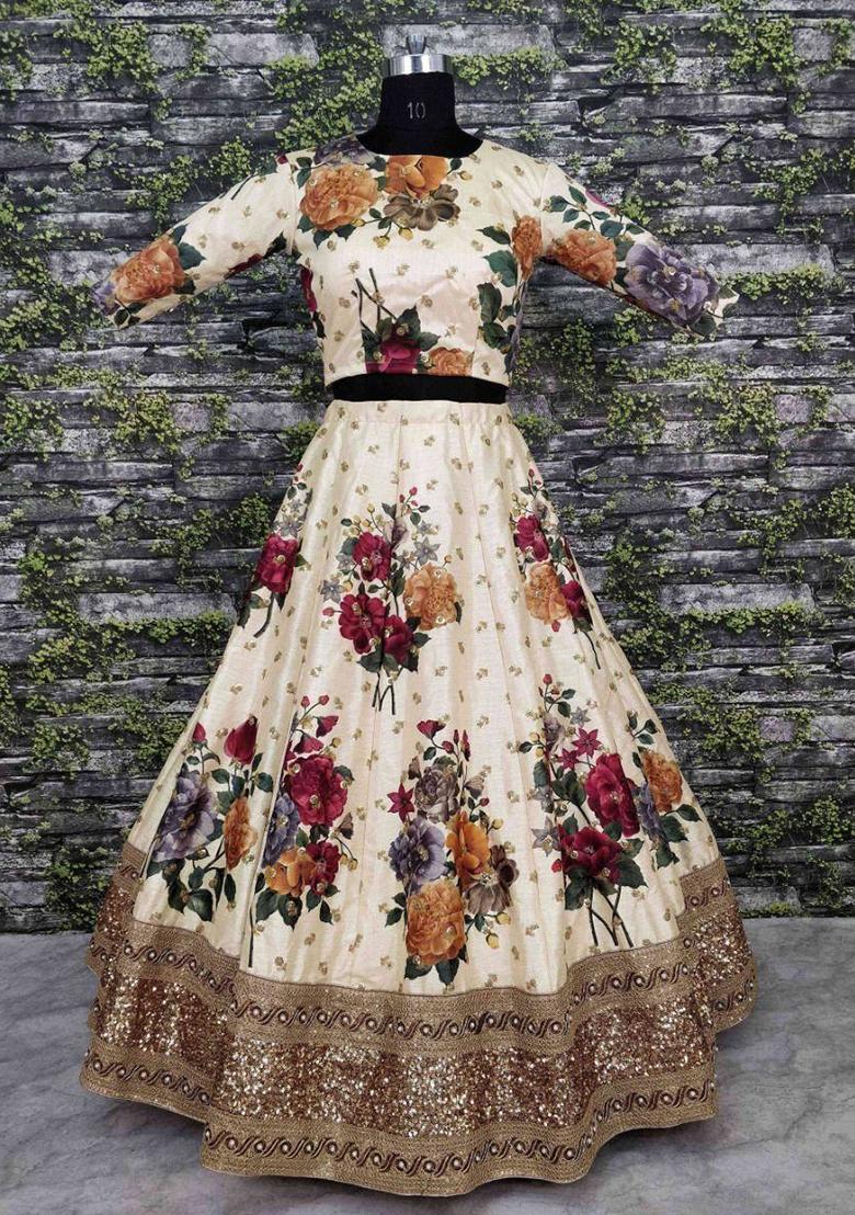 Cream Embroidered Silk Lehenga Set - Indya