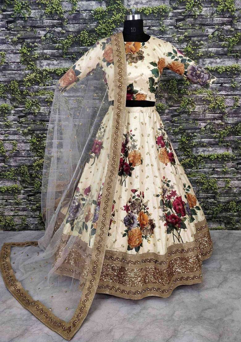 Cream Silk Blend Lehenga Set with Embroidered for Diwali | Wedding & Festive Wear - Indya