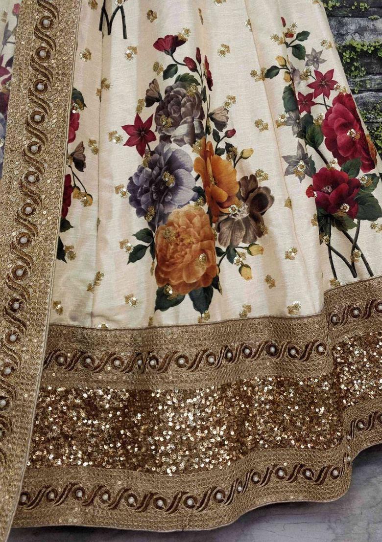 Cream Embroidered Silk Lehenga Set - Indya