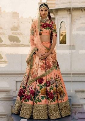 Peach Embroidered Silk Lehenga Set