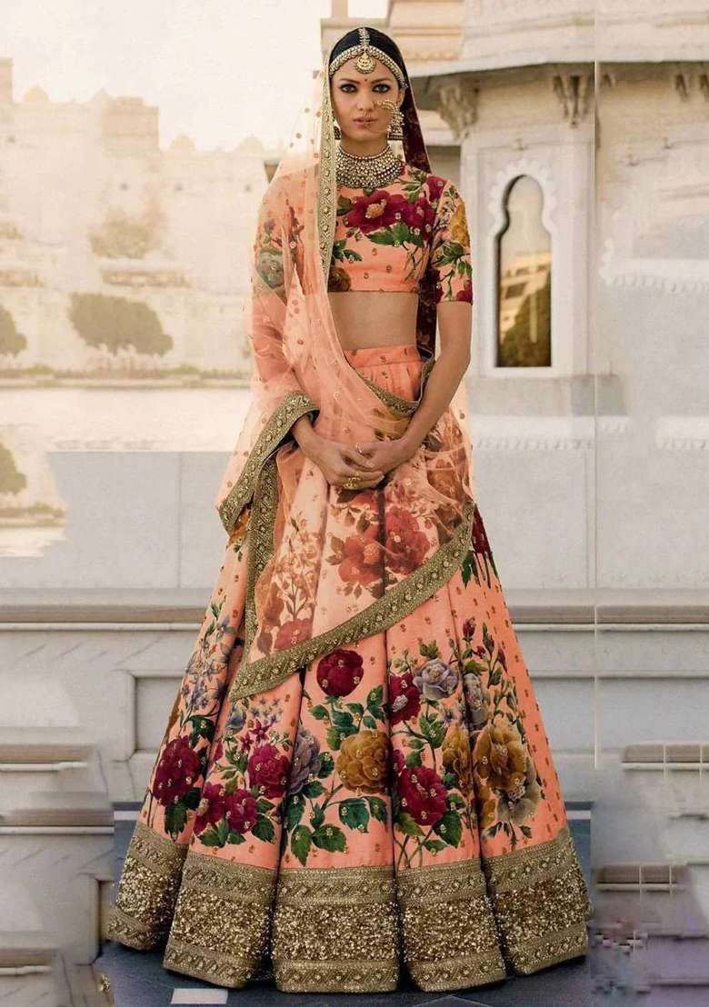 Peach Embroidered Silk Blend Lehenga Set for Diwali and Festive Wear - Indya