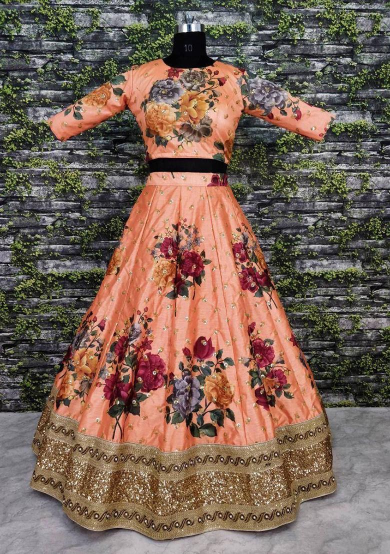 Peach Embroidered Silk Lehenga Set - Indya