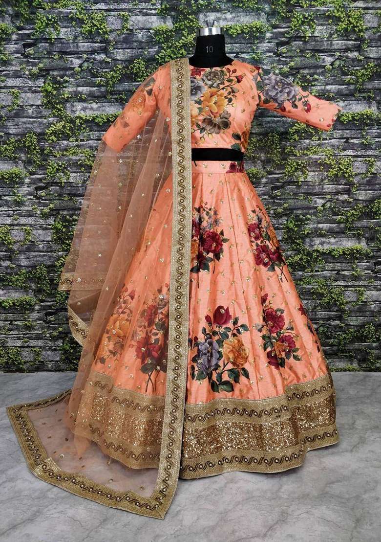 Peach Embroidered Silk Blend Lehenga Set for Diwali and Festive Wear - Indya