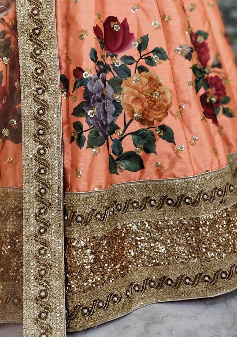 Peach Embroidered Silk Lehenga Set - Indya