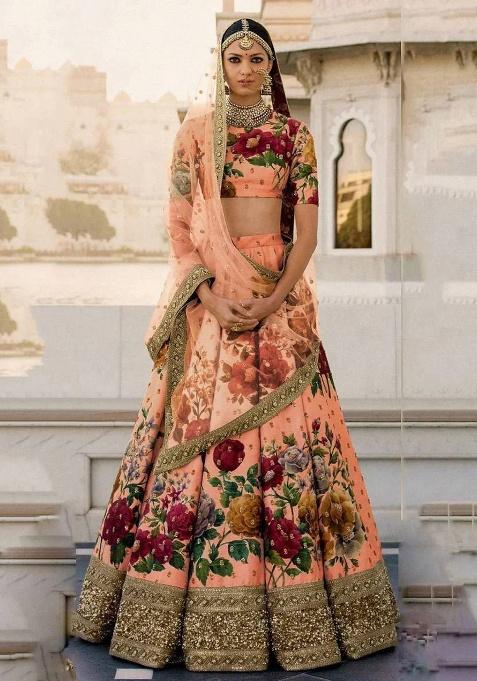 Peach Embroidered Silk Lehenga Set
