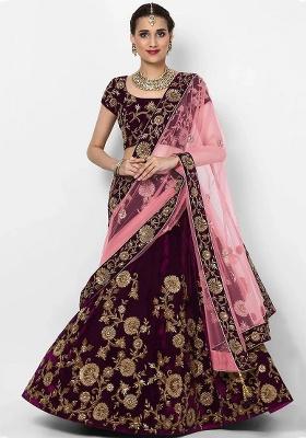 Purple Embroidered Velvet Lehenga Set