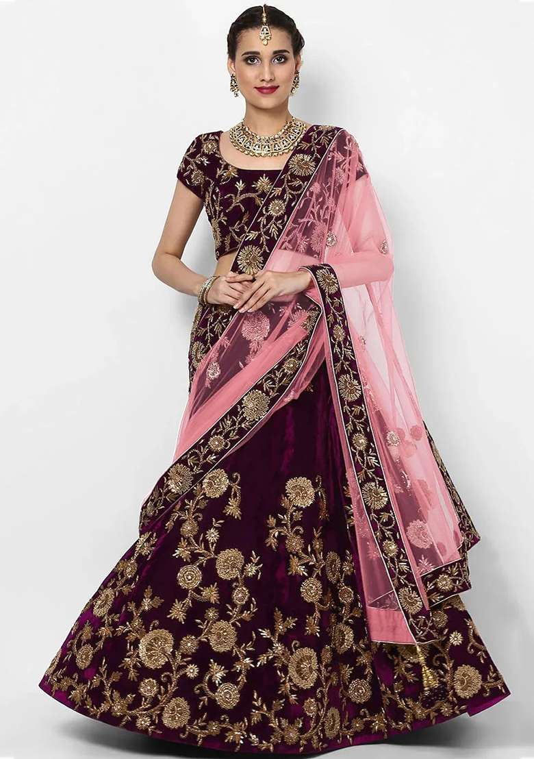 Purple Velvet Lehenga Set with Embroidered for Diwali | Wedding & Festive Wear - Indya