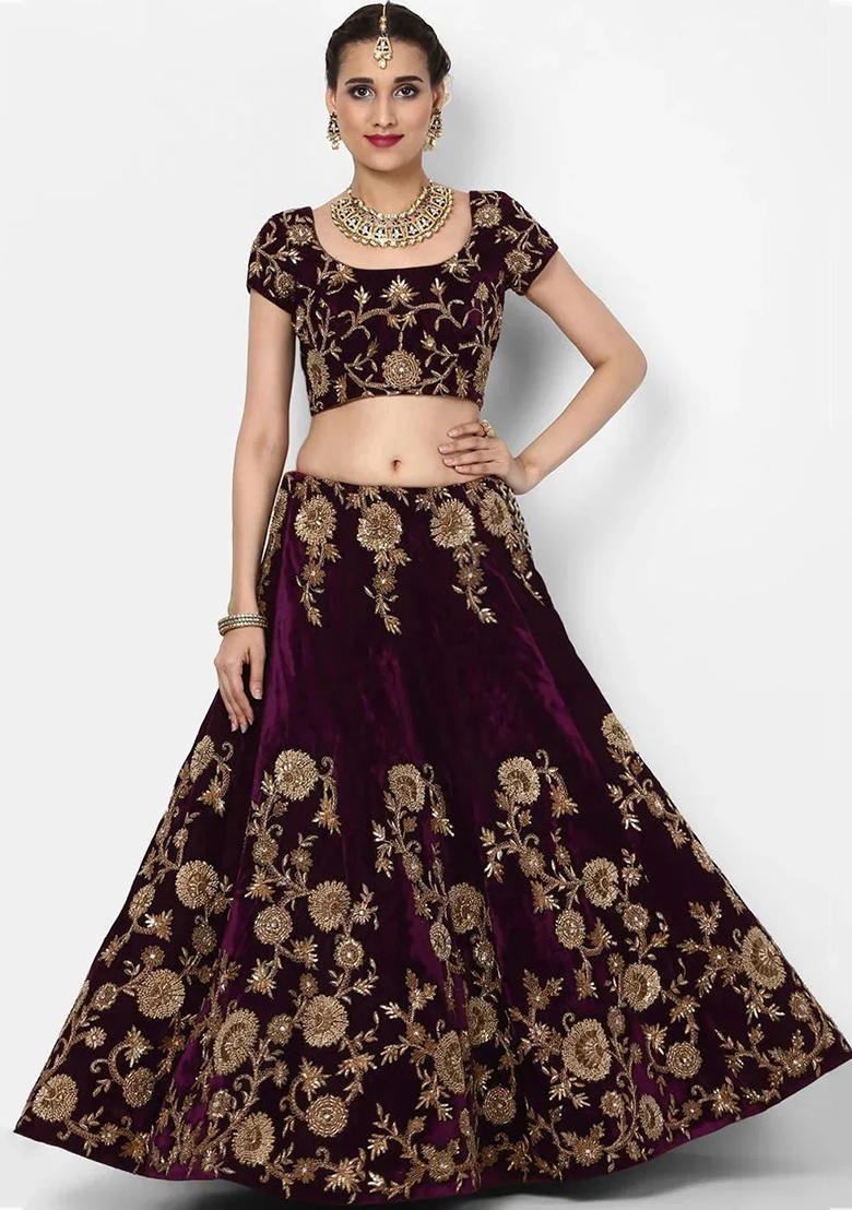 Purple Embroidered Velvet Lehenga Set - Indya