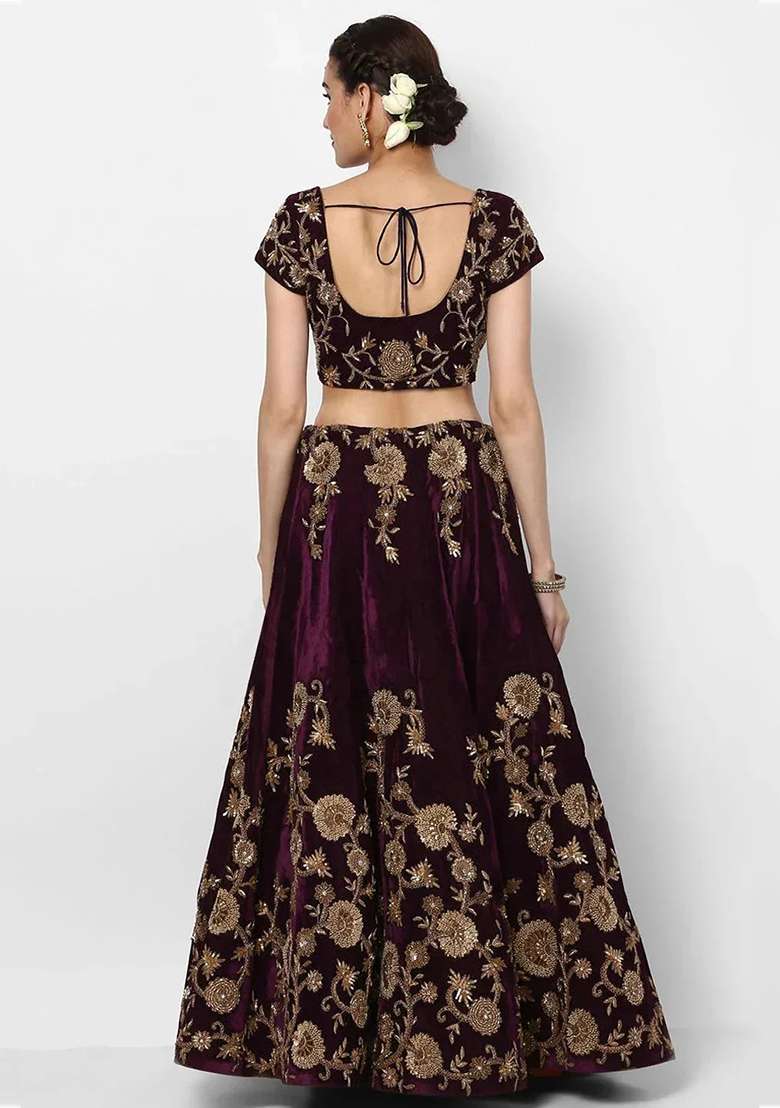 Purple Velvet Lehenga Set with Embroidered for Diwali | Wedding & Festive Wear - Indya