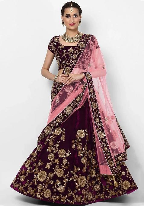 Purple Embroidered Velvet Lehenga Set