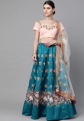 Blue Embroidered Silk Lehenga Set