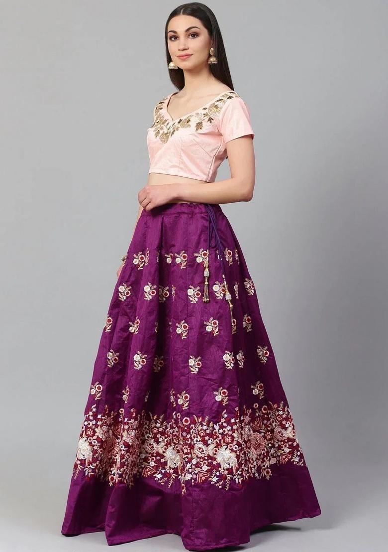 Purple Embroidered Silk Lehenga Set - Indya