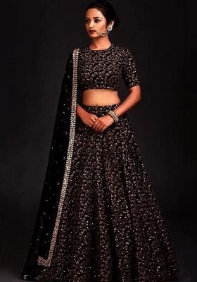 Black Embroidered Silk Lehenga Set