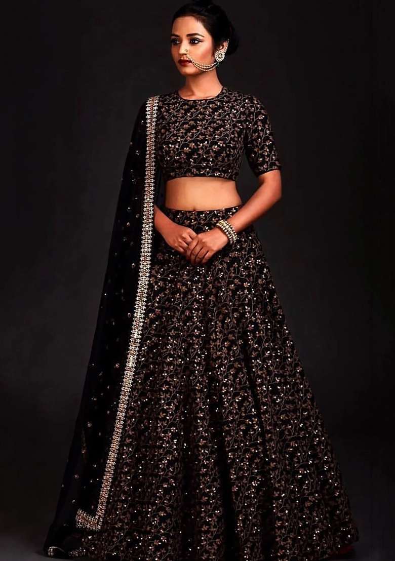 Black Embroidered Silk Blend Lehenga Set for Diwali and Festive Wear - Indya