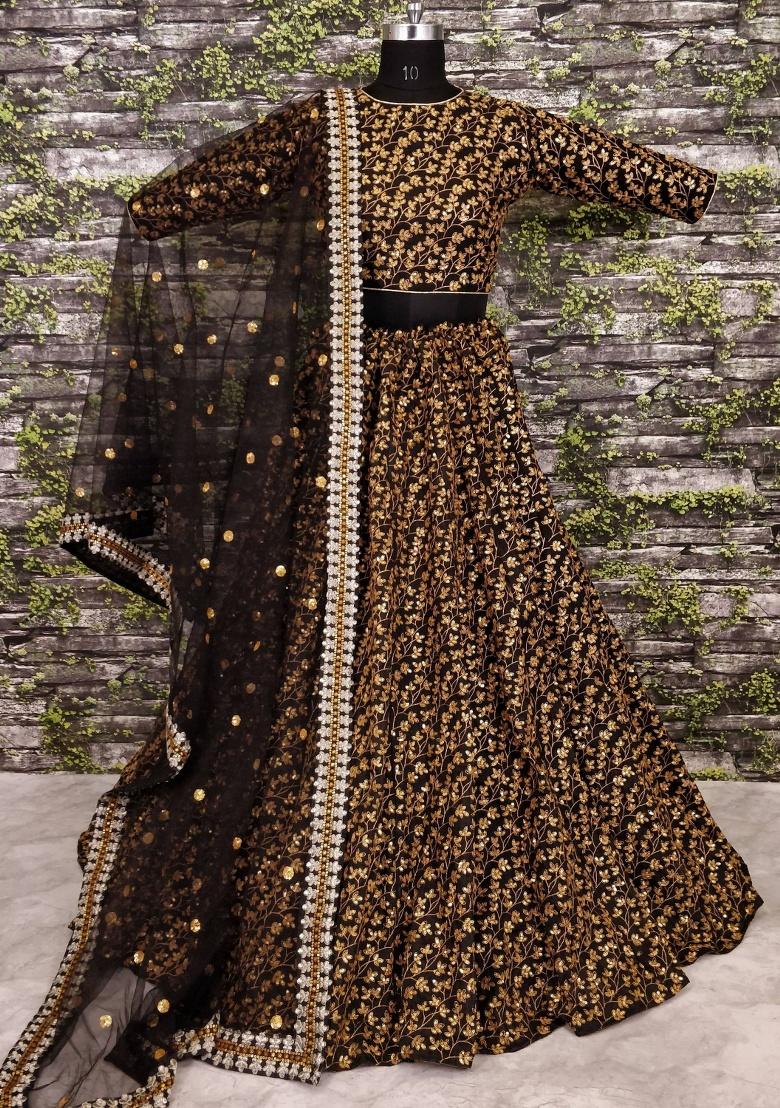 Black Embroidered Silk Lehenga Set - Indya