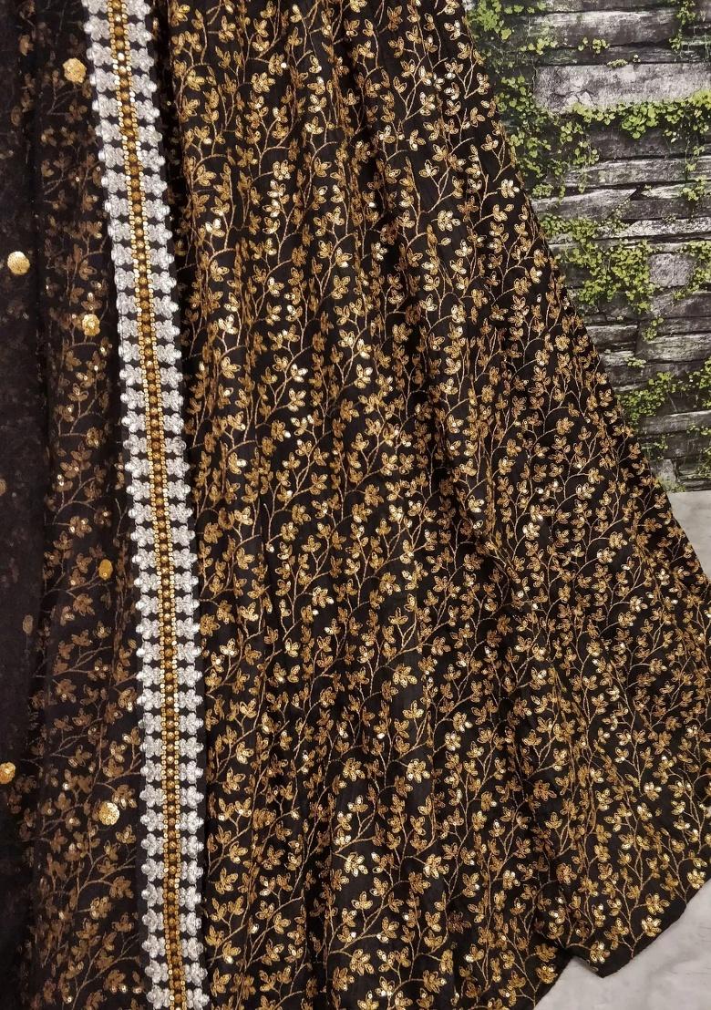 Black Embroidered Silk Lehenga Set - Indya