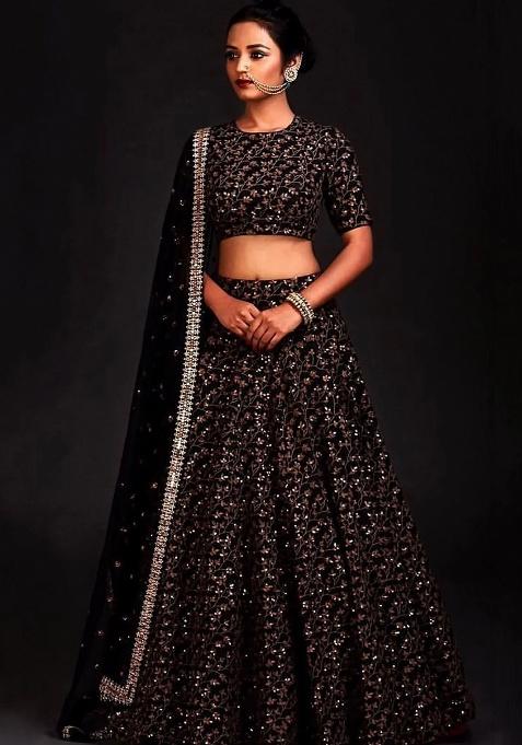 Black Embroidered Silk Lehenga Set