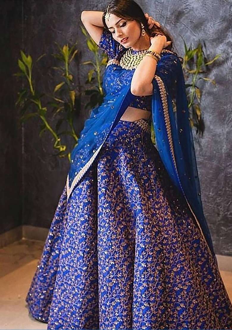 Blue Embroidered Silk Blend Lehenga Set for Diwali and Festive Wear - Indya