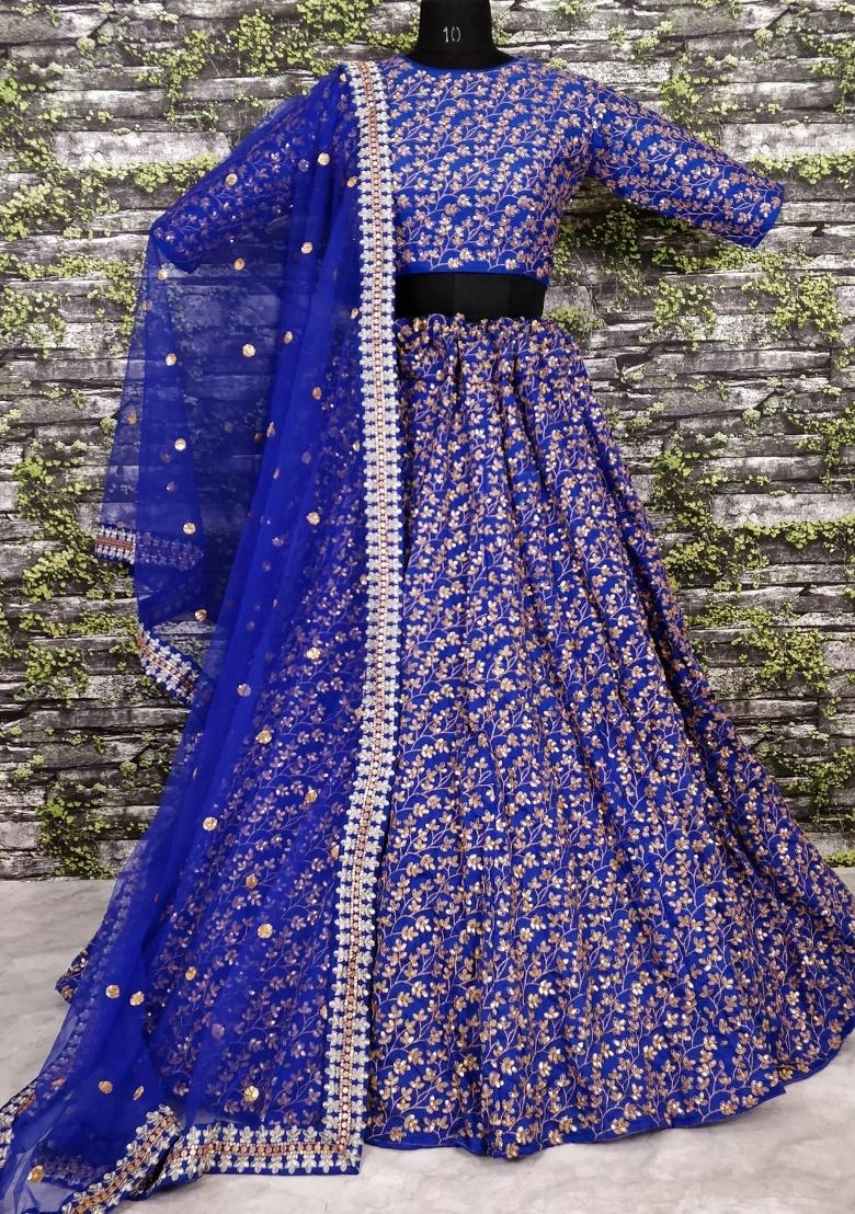Blue Embroidered Silk Lehenga Set - Indya