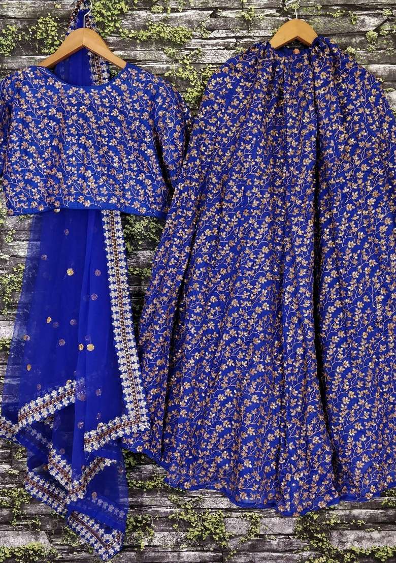 Blue Embroidered Silk Blend Lehenga Set for Diwali and Festive Wear - Indya
