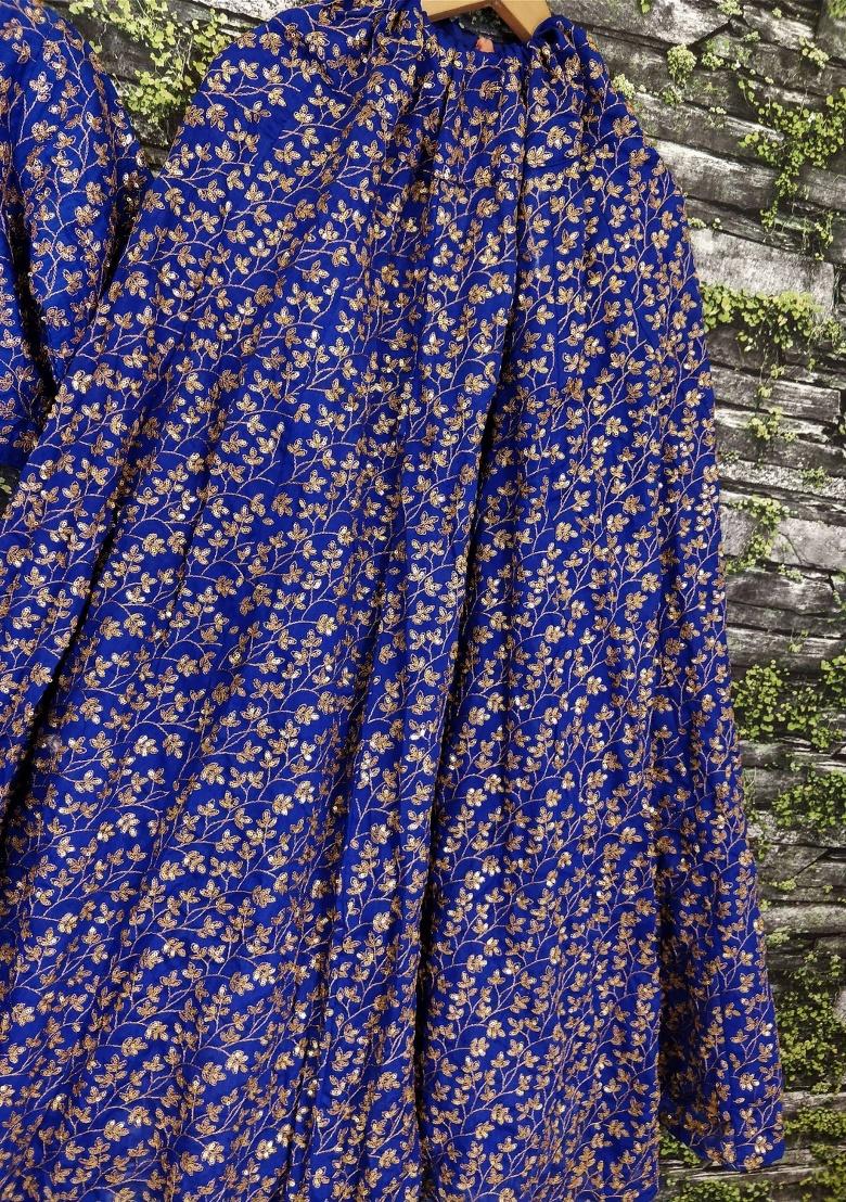 Blue Embroidered Silk Lehenga Set - Indya