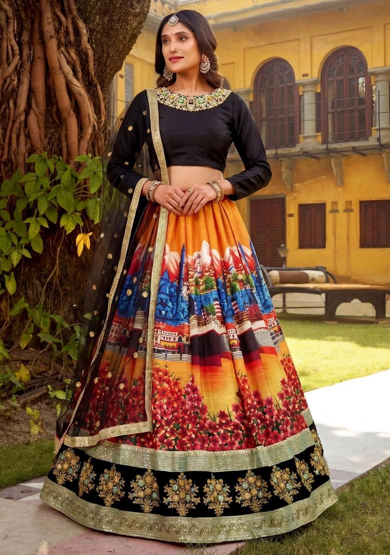 Multicolor Embroidered Silk Lehenga Set - Indya