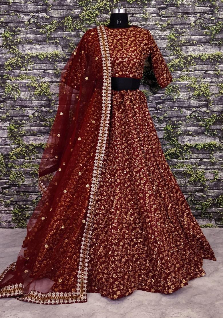 Maroon Embroidered Silk Lehenga Set - Indya