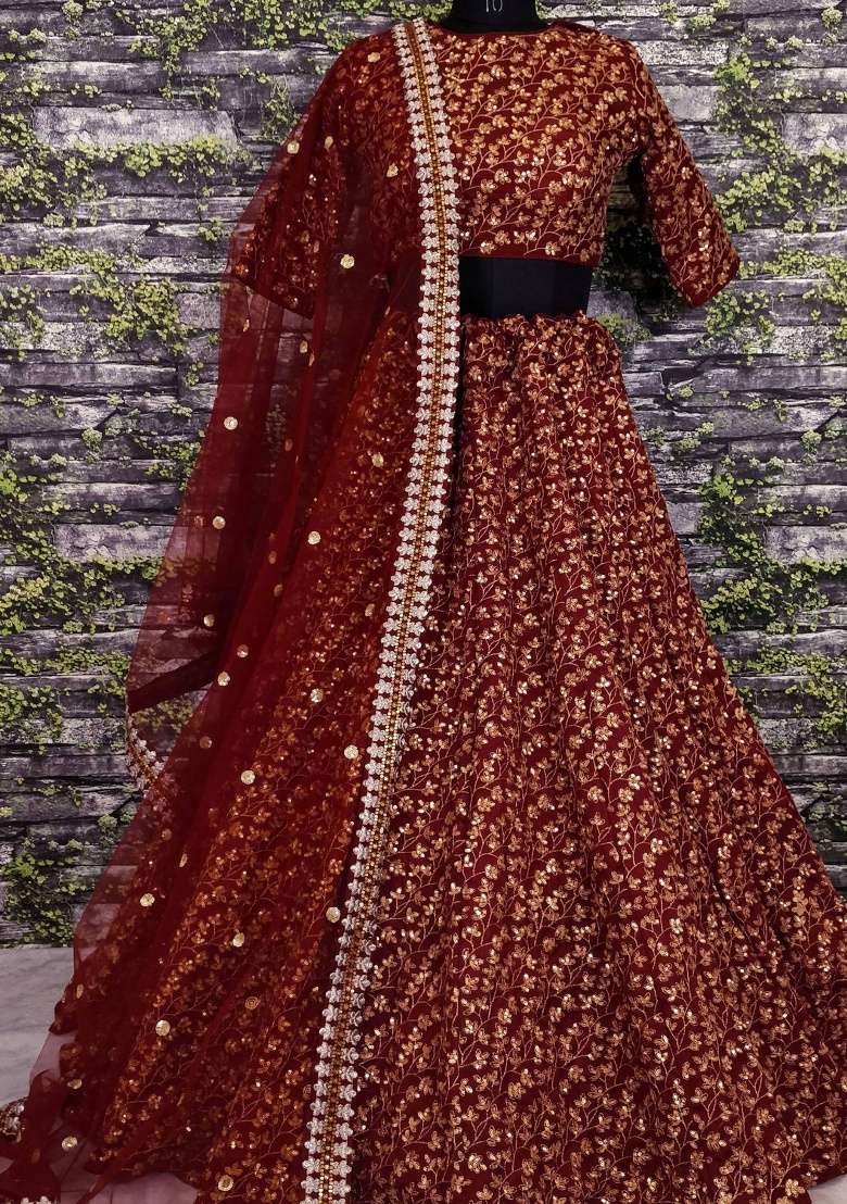 Maroon Silk Blend Lehenga Set with Embroidered for Diwali | Wedding & Festive Wear - Indya