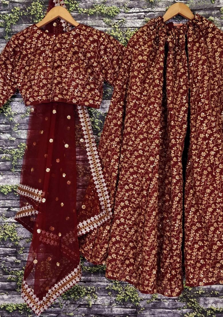 Maroon Embroidered Silk Lehenga Set - Indya