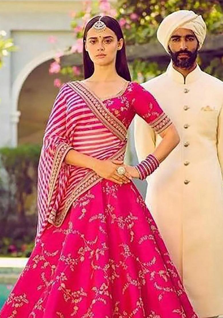 Pink Embroidered Silk Lehenga Set - Indya