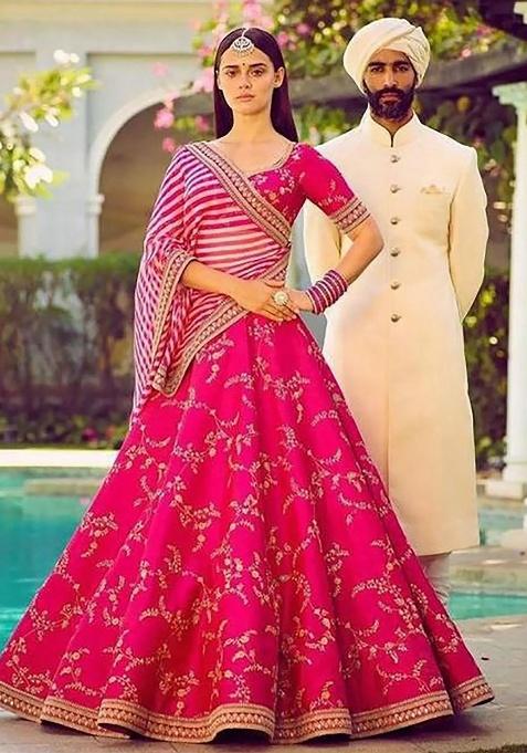 Pink Embroidered Silk Lehenga Set