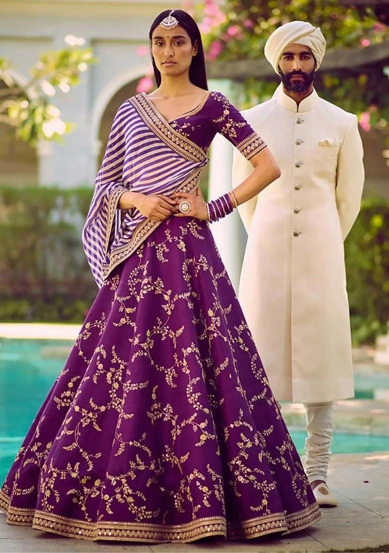 Purple Embroidered Silk Lehenga Set - Indya