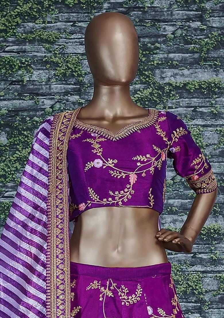 Purple Embroidered Silk Lehenga Set - Indya
