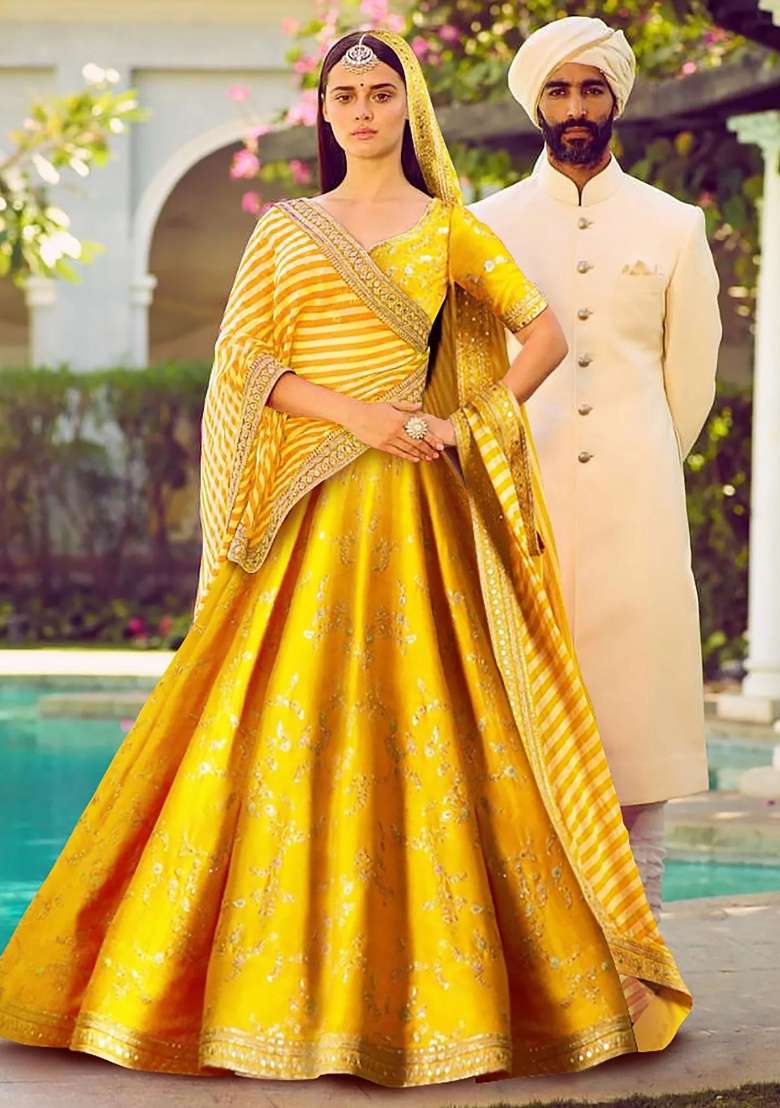 Yellow Silk Blend Lehenga Set with Embroidered for Diwali | Wedding & Festive Wear - Indya