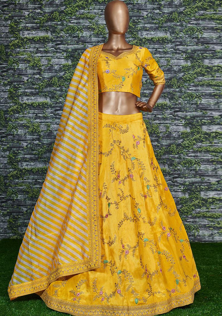 Yellow Embroidered Silk Lehenga Set - Indya