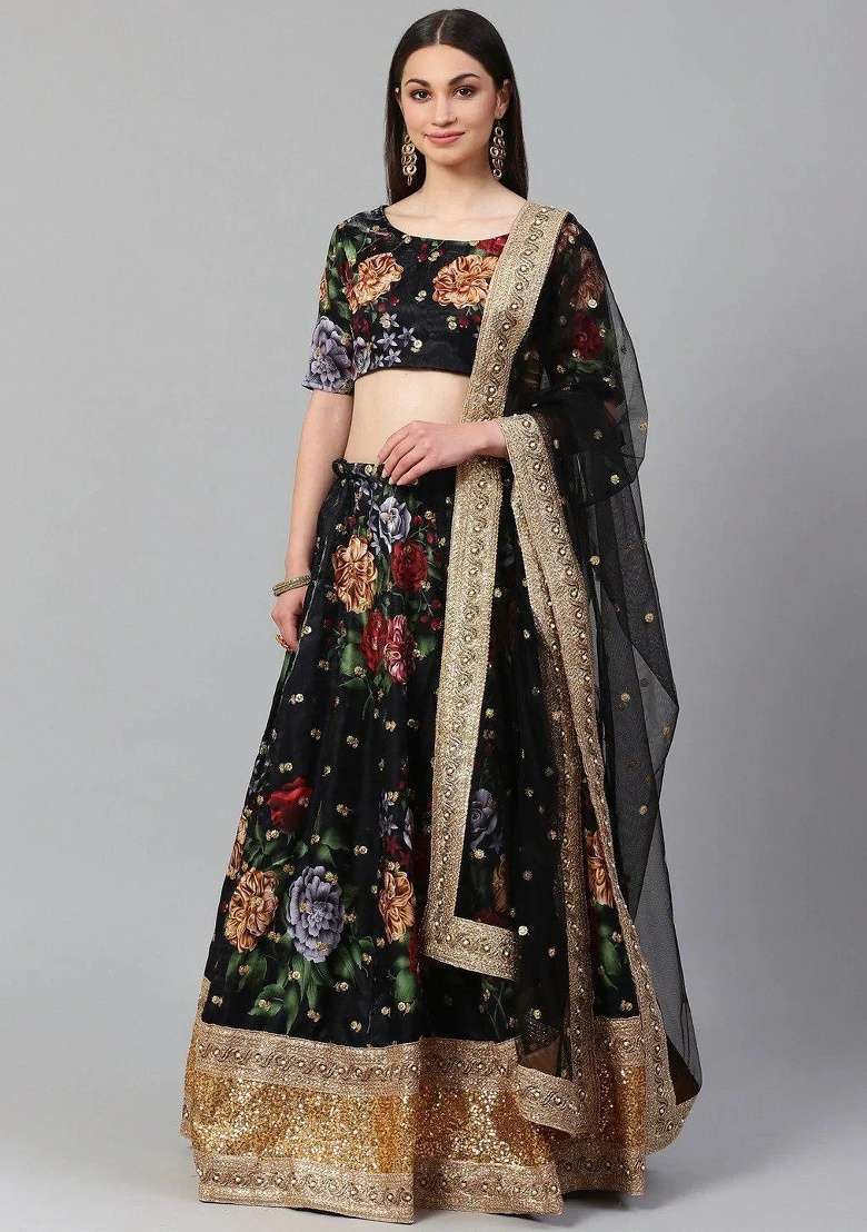 Black Silk Blend Lehenga Set with Embroidered for Diwali | Wedding & Festive Wear - Indya
