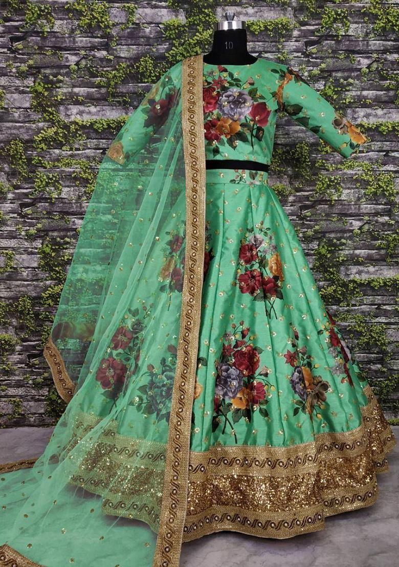 Green Embroidered Silk Lehenga Set - Indya