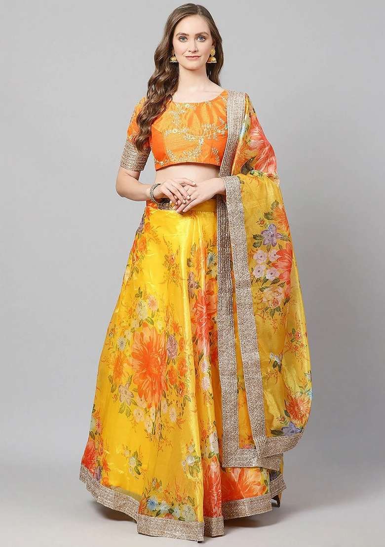 Yellow Organza Lehenga Set with Embroidered for Diwali | Wedding & Festive Wear - Indya