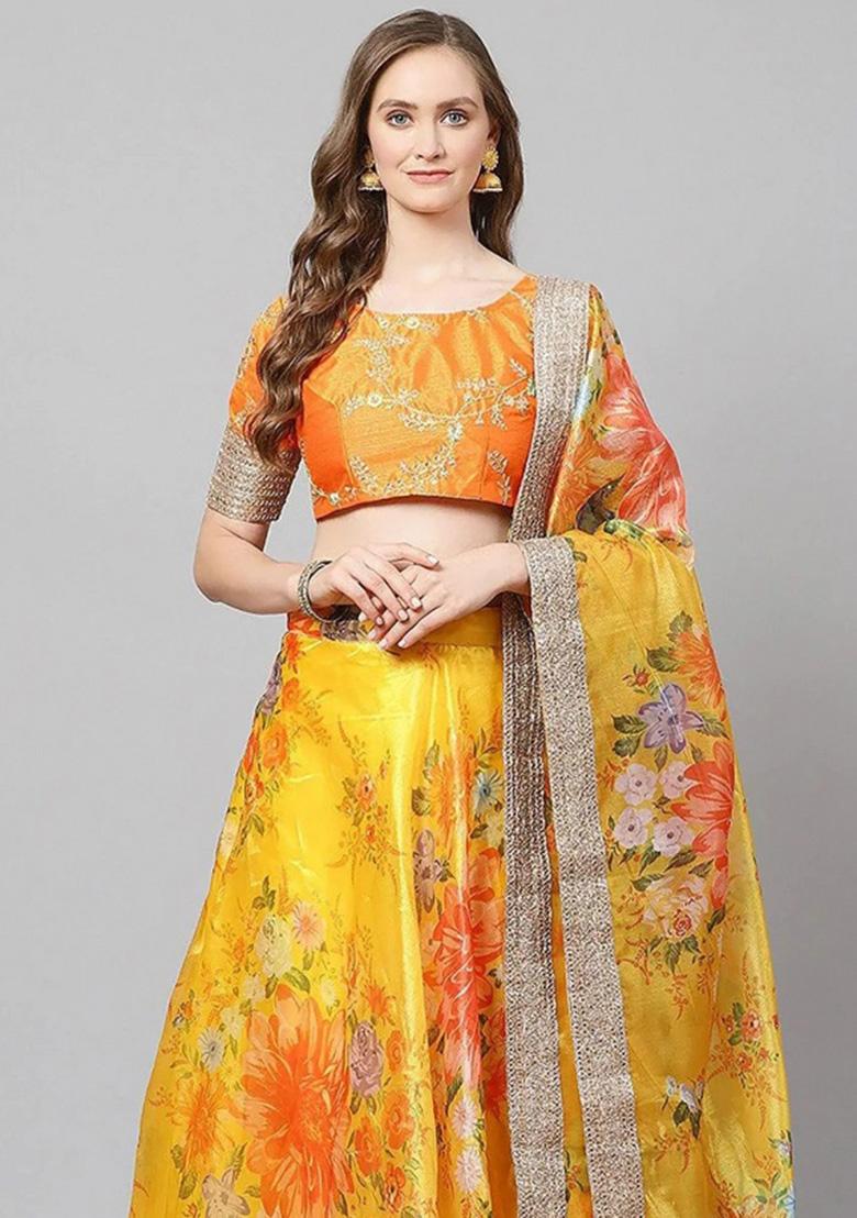 Yellow Embroidered Organza Lehenga Set - Indya