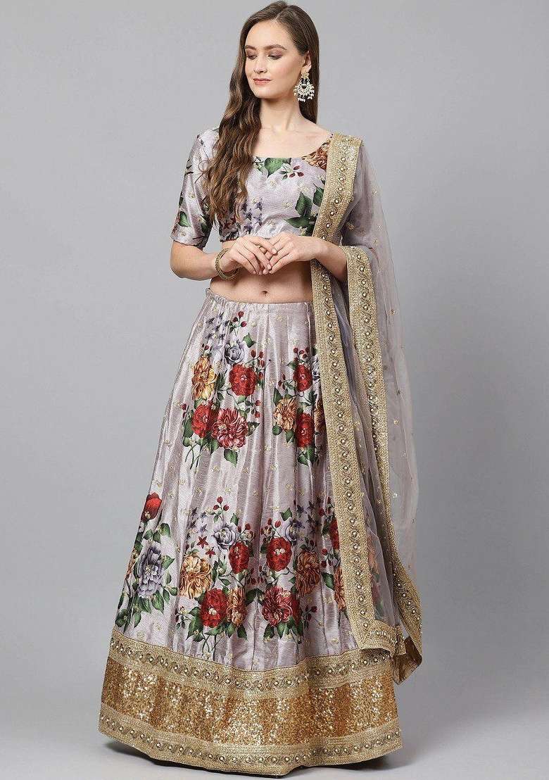 Grey Embroidered Silk Blend Lehenga Set for Diwali and Festive Wear - Indya