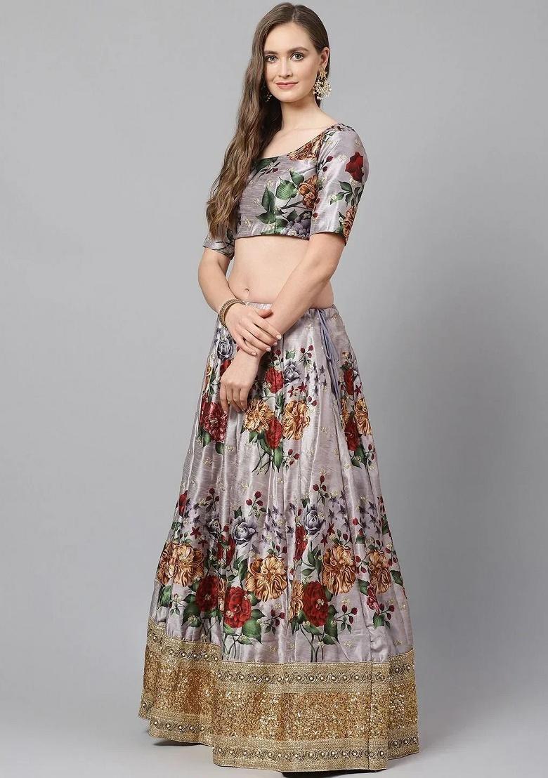 Grey Embroidered Silk Lehenga Set - Indya