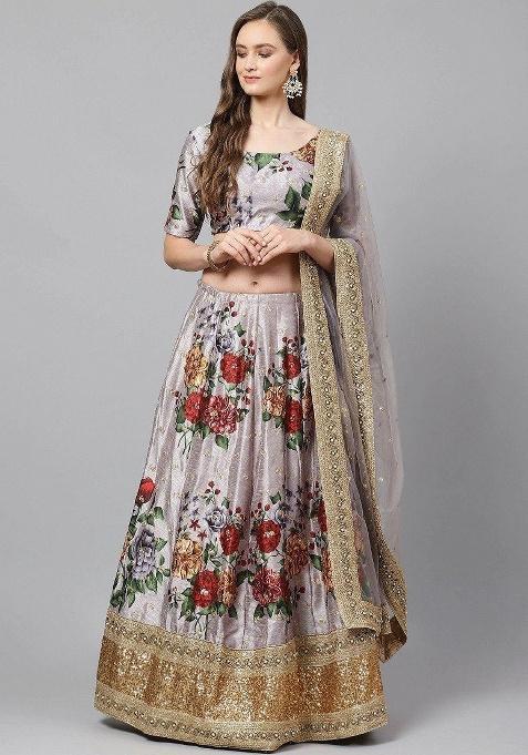 Grey Embroidered Silk Lehenga Set