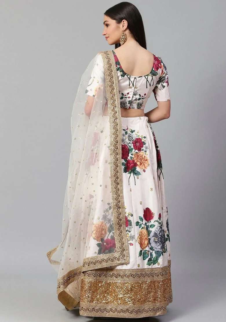 Cream Silk Blend Lehenga Set with Embroidered for Diwali | Wedding & Festive Wear - Indya