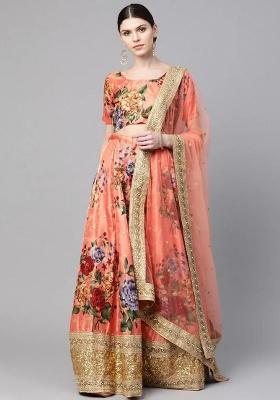 Peach Embroidered Silk Lehenga Set