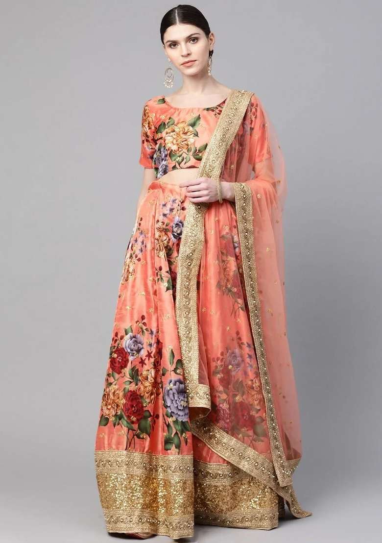 Peach Embroidered Silk Blend Lehenga Set for Diwali and Festive Wear - Indya